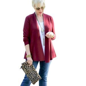 Eileen Fisher Red Cardigan Sweater Italian Yarn Merino Wool Size L